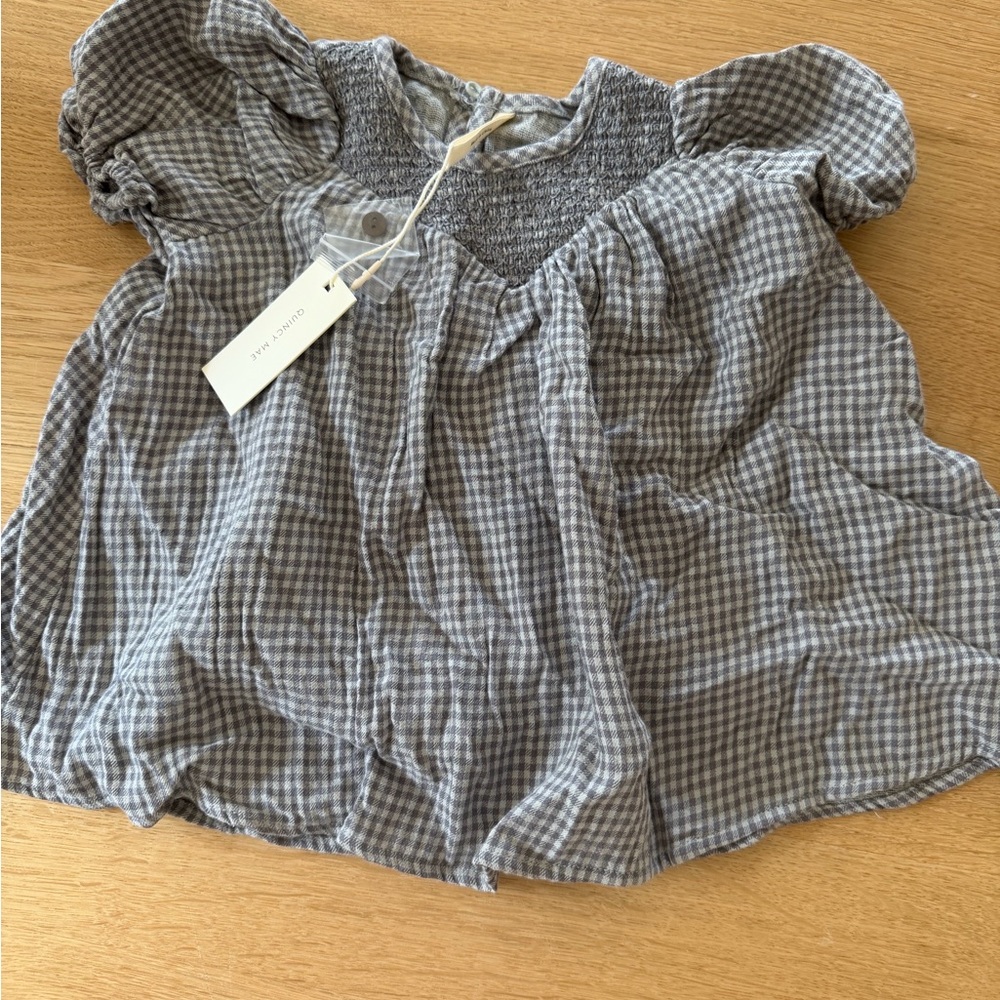 Quincy Mae Gray Gingham Smocked Puff Sleeve Dress